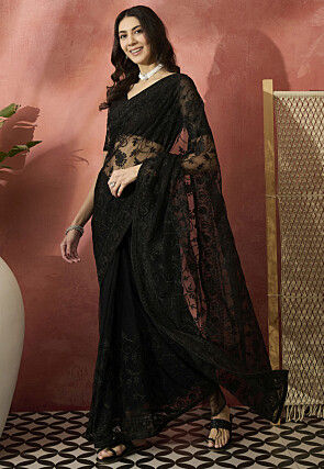 Embroidered Net Saree in Black