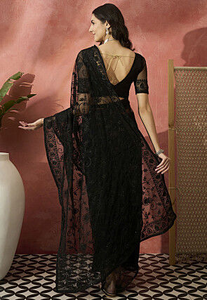 Embroidered Net Saree in Black