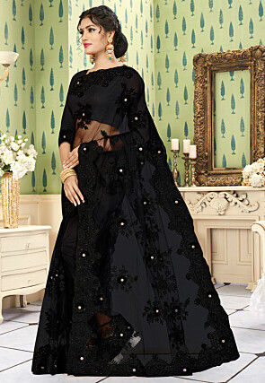 Embroidered Net Saree in Black
