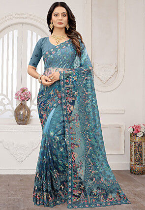 Embroidered Net Saree in Blue