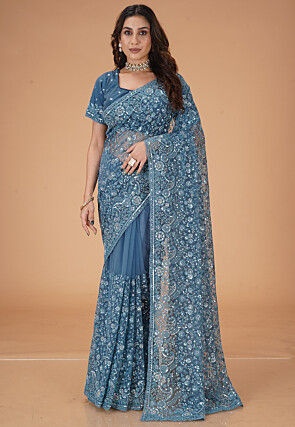 Embroidered Net Saree in Blue