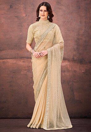 Embroidered Net Saree in Beige