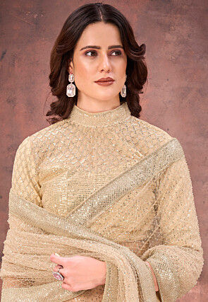 Embroidered Net Saree in Beige