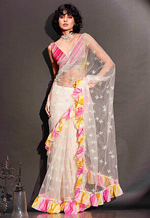 Embroidered Net Saree in Cream