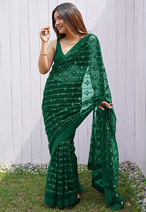 Embroidered Net Saree in Dark Green