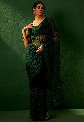 Embroidered Net Saree in Dark Green