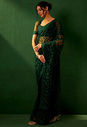 Embroidered Net Saree in Dark Green