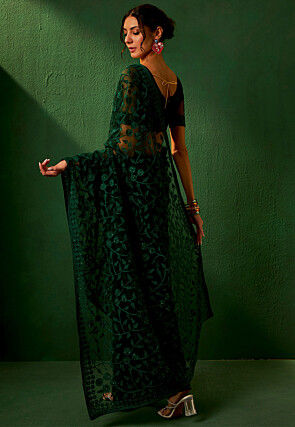 Embroidered Net Saree in Dark Green