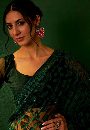 Embroidered Net Saree in Dark Green