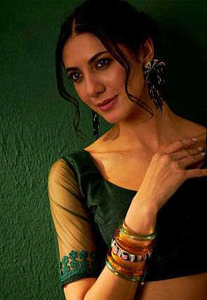 Embroidered Net Saree in Dark Green