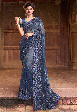 Embroidered Net Saree in Dusty Blue