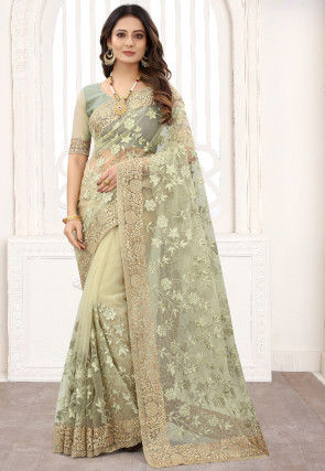 Embroidered Net Saree in Dusty Green