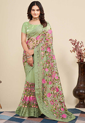 Embroidered Net  Saree in Dusty Green