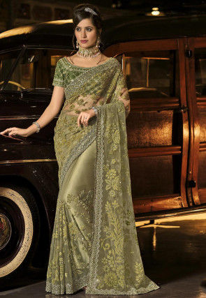 Designer drape saree pastel green Stylish cut dana embroidery heavy pa