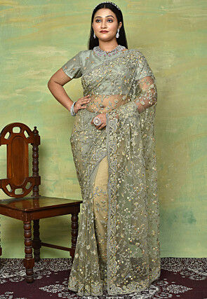 Embroidered Net Saree in Dusty Green
