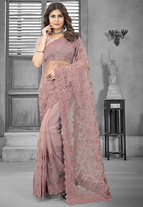 Embroidered Net Saree in Dusty Peach