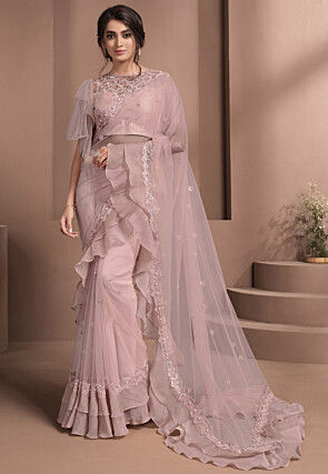 Embroidered Net Saree in Dusty Pink