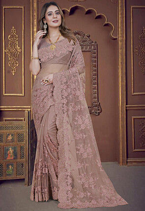 Embroidered Net Saree in Fawn