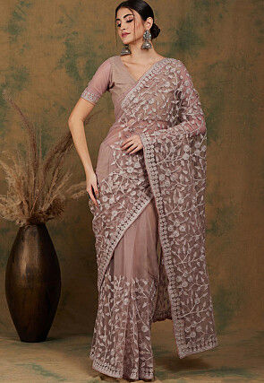 Embroidered Net Saree in Fawn