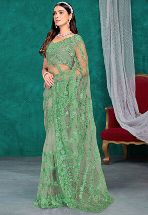 Embroidered Net Saree in Green