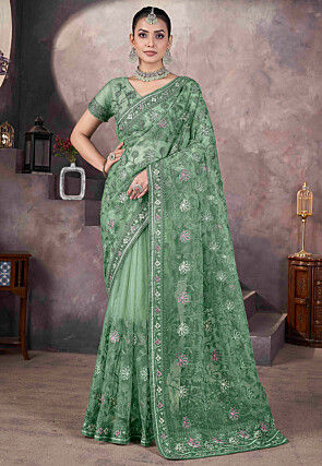 Embroidered Net Saree in Green