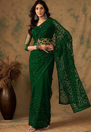 Embroidered Net Saree in Green