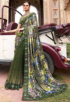 Embroidered Net Saree in Green
