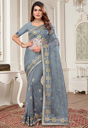 Embroidered Net Saree in Grey