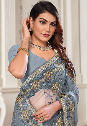Embroidered Net Saree in Grey