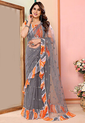 Embroidered Net Saree in Grey