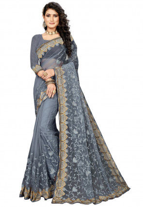 Embroidered Net Saree in Grey