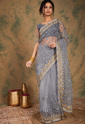Embroidered Net Saree in Grey