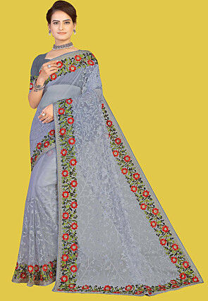 Embroidered Net Saree in Grey