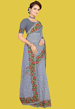 Embroidered Net Saree in Grey