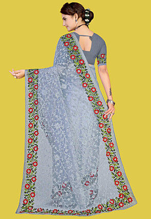 Embroidered Net Saree in Grey