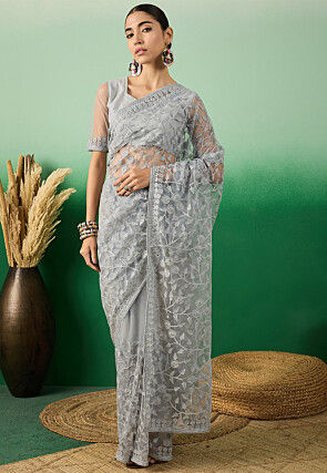 Embroidered Net Saree in Grey