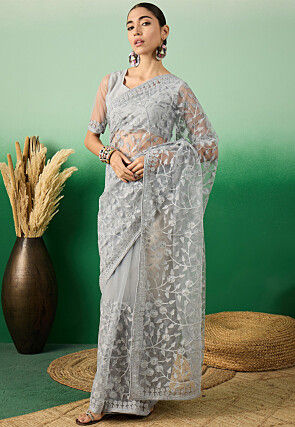 Embroidered Net Saree in Grey