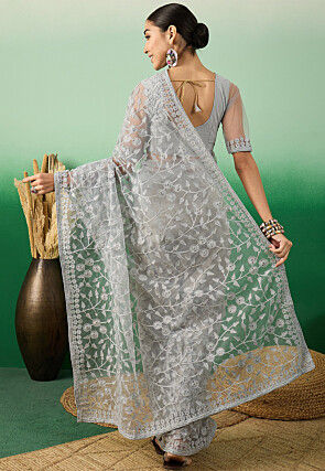 Embroidered Net Saree in Grey