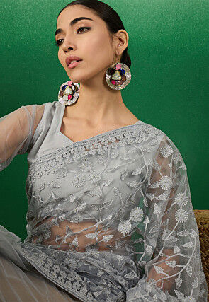 Embroidered Net Saree in Grey