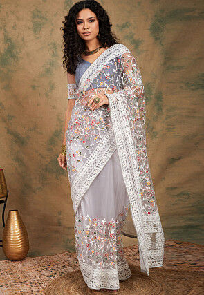 Embroidered Net Saree in Grey