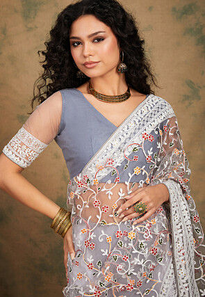 Embroidered Net Saree in Grey