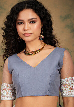 Embroidered Net Saree in Grey