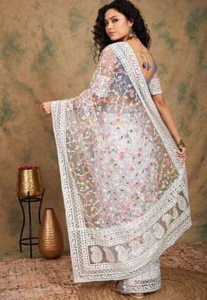 Embroidered Net Saree in Grey