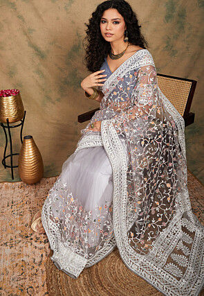 Embroidered Net Saree in Grey