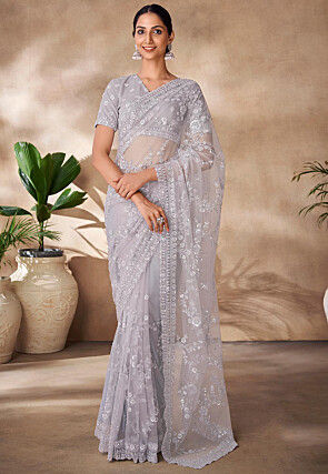 Embroidered Net Saree in Grey