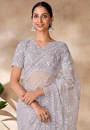 Embroidered Net Saree in Grey