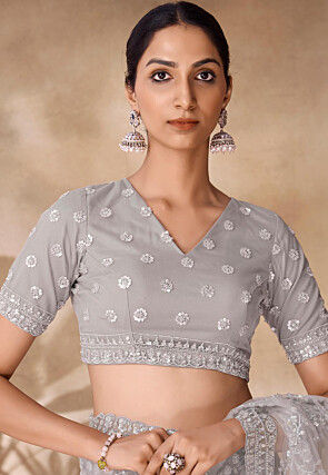 Embroidered Net Saree in Grey