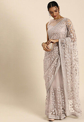 Embroidered Net Saree in Light Fawn