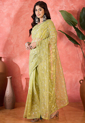Embroidered Super Net Saree in Light Green