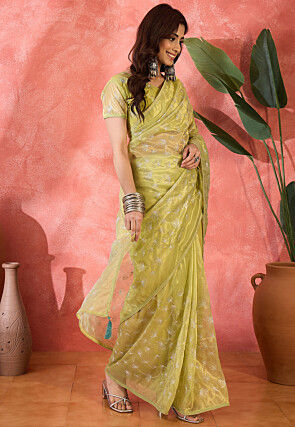 Embroidered Super Net Saree in Light Green
